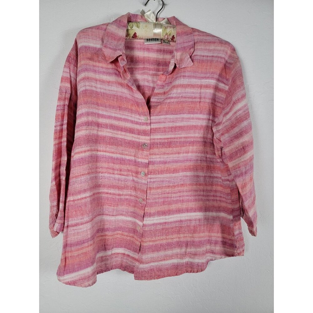Chico's Design Women Size 3 Pink White Striped Button-Up Linen Shirt Long Sleeve